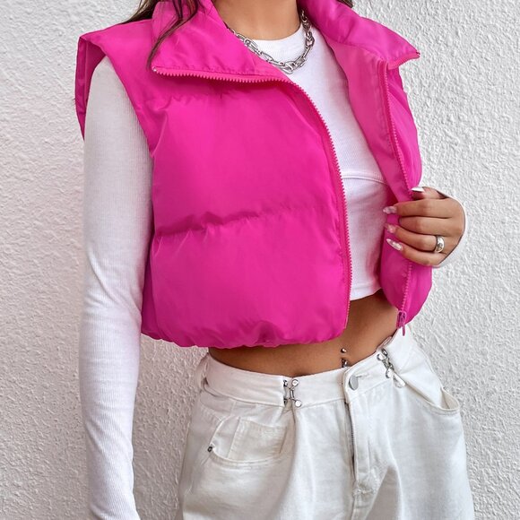 Hot Pink Casual Women's Y2k Zipper Front Vest Padded Coat - Picture 5 of 6